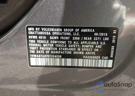 2014 Volkswagen Passat 1.8T Wolfsburg Edition from USA, damaged, VIN 1VWAS7A37EC024038